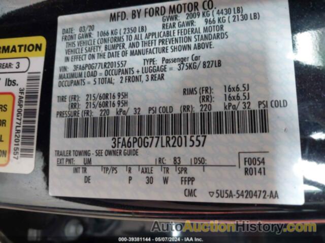 FORD FUSION S, 3FA6P0G77LR201557