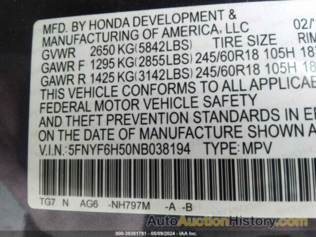 HONDA PILOT EXL, 5FNYF6H50NB038194