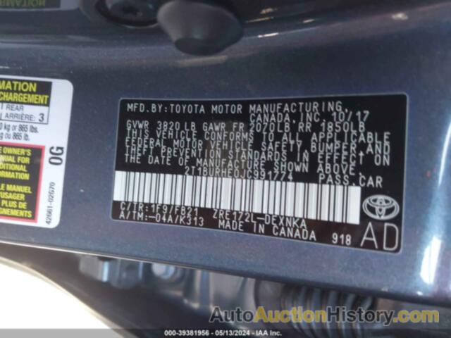 TOYOTA COROLLA LE, 2T1BURHE0JC991774