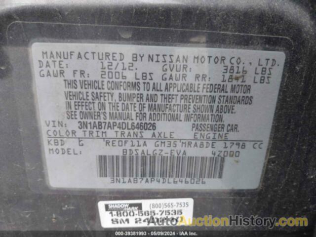 NISSAN SENTRA S/SV/SR/SL, 3N1AB7AP4DL646026