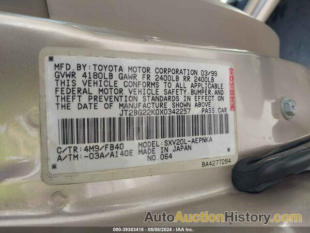 TOYOTA CAMRY LE/XLE, JT2BG22K0X0342257