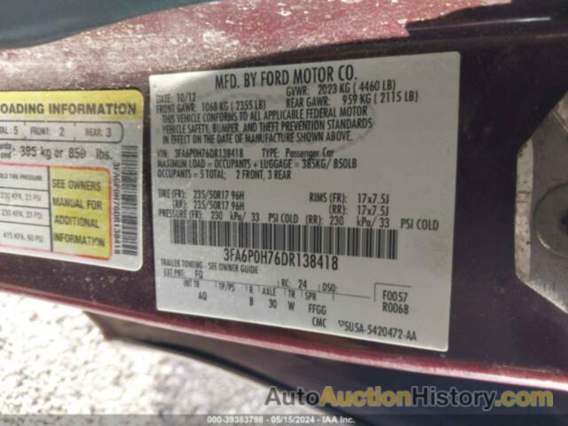 FORD FUSION SE, 3FA6P0H76DR138418