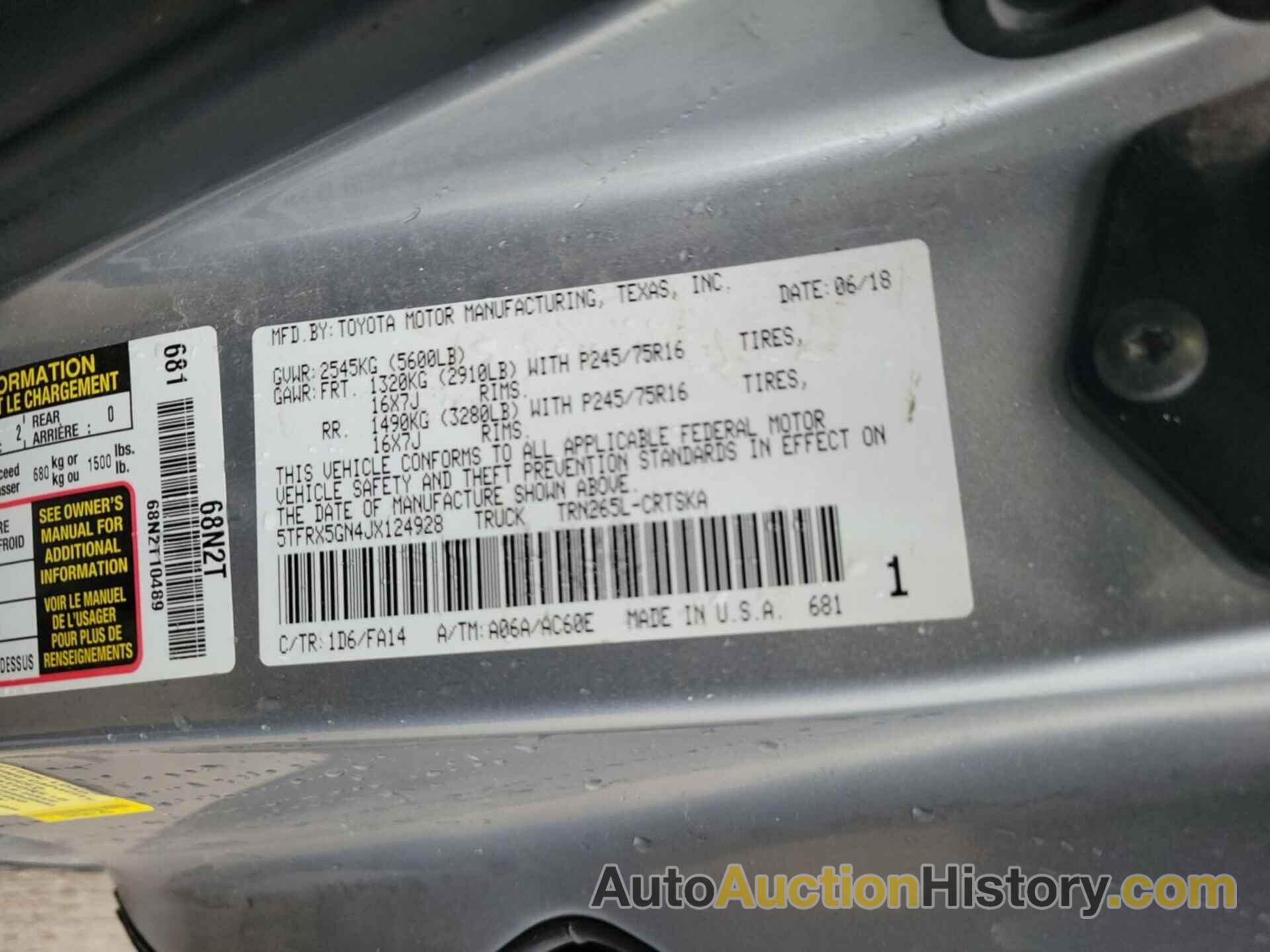 TOYOTA TACOMA ACCESS CAB/SR/SR5/TRD SPT, 5TFRX5GN4JX124928