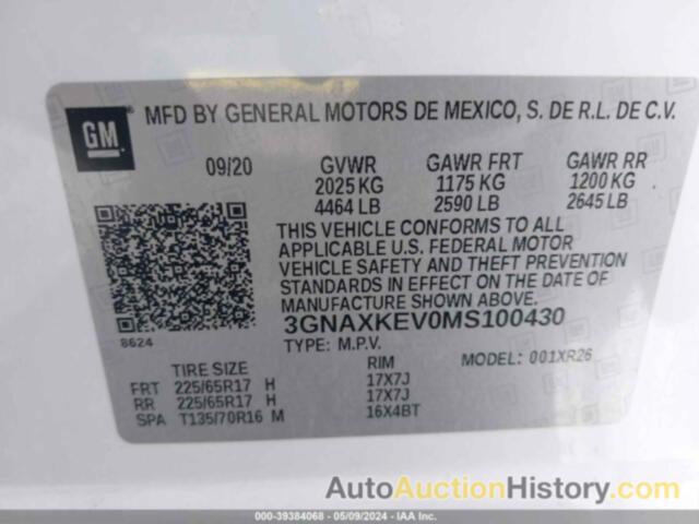 CHEVROLET EQUINOX FWD LT, 3GNAXKEV0MS100430