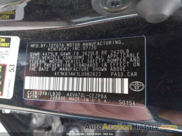 TOYOTA CAMRY XSE, 4T1K61AK1LU982823