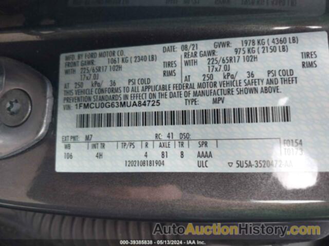 FORD ESCAPE SE, 1FMCU0G63MUA84725