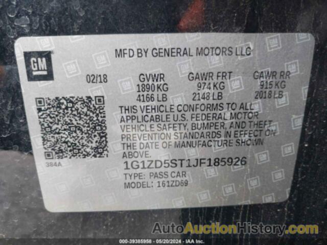 CHEVROLET MALIBU LT, 1G1ZD5ST1JF185926