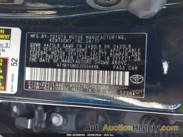 TOYOTA CAMRY XLE, 4T1B11HK0JU504488