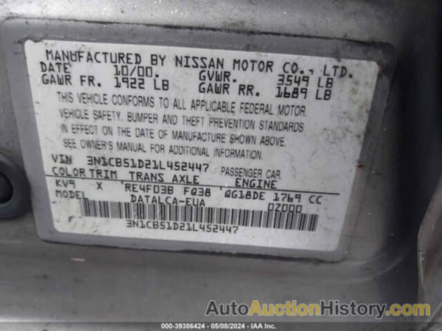 NISSAN SENTRA XE, 3N1CB51D21L452447