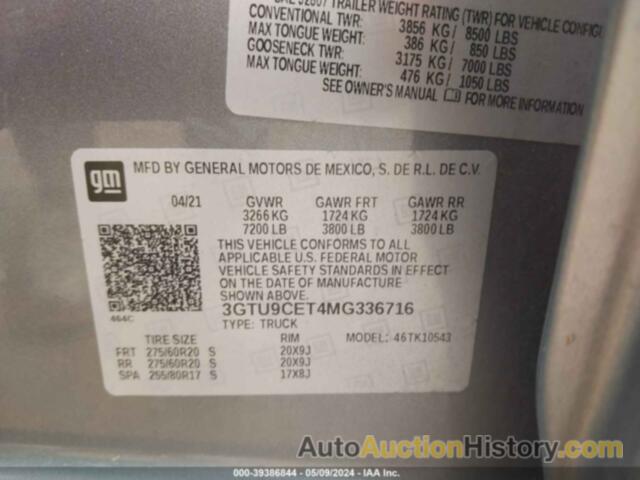 GMC SIERRA 1500 4WD  SHORT BOX ELEVATION, 3GTU9CET4MG336716