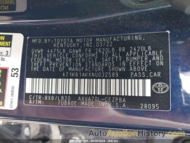 TOYOTA CAMRY XSE, 4T1K61AKXNU032589