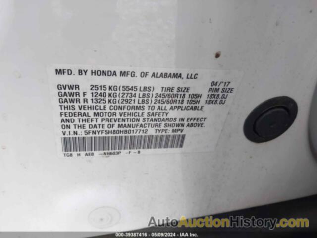 HONDA PILOT EXL, 5FNYF5H80HB017712