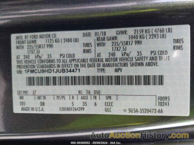 FORD ESCAPE SEL, 1FMCU9HD1JUB34471