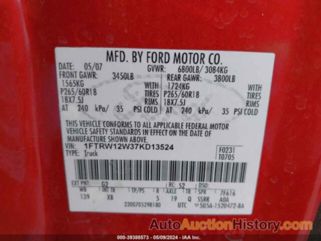 FORD F150 SUPERCREW, 1FTRW12W37KD13524