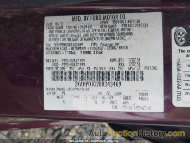 FORD FUSION SEL, 3FAHP0JG2BR343489