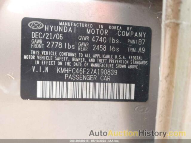 HYUNDAI AZERA LIMITED/SE, KMHFC46F27A190839