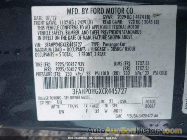 FORD FUSION SE, 3FAHP0HGXCR445727