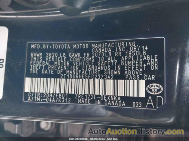 TOYOTA COROLLA LE, 2T1BURHE5FC237342