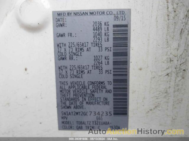 NISSAN ROGUE S/SL/SV, 5N1AT2MT2GC734235