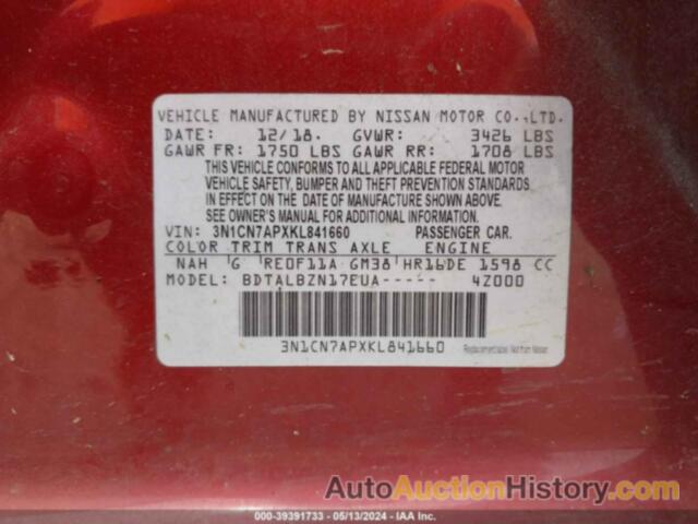 NISSAN VERSA S/S PLUS/SV, 3N1CN7APXKL841660