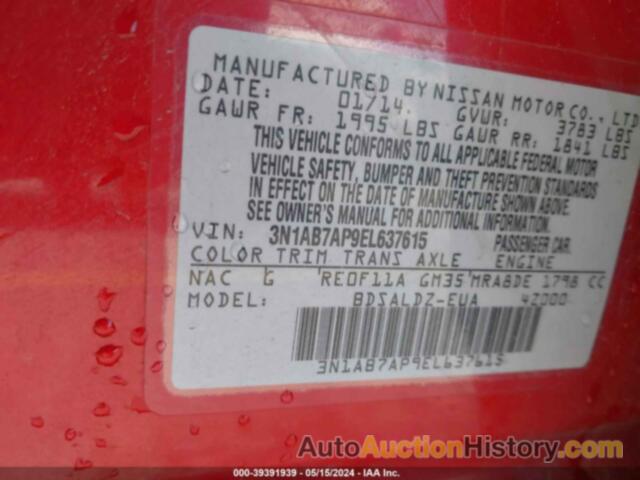 NISSAN SENTRA FE+ S/FE+ SV/S/SL/SR/SV, 3N1AB7AP9EL637615