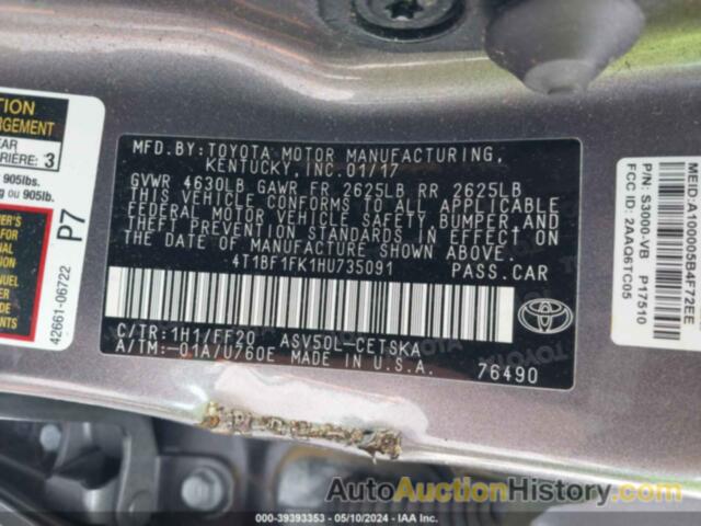 TOYOTA CAMRY LE/XLE/SE/XSE, 4T1BF1FK1HU735091