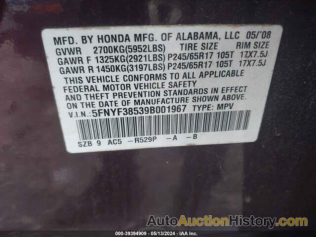 HONDA PILOT EXL, 5FNYF38539B001967