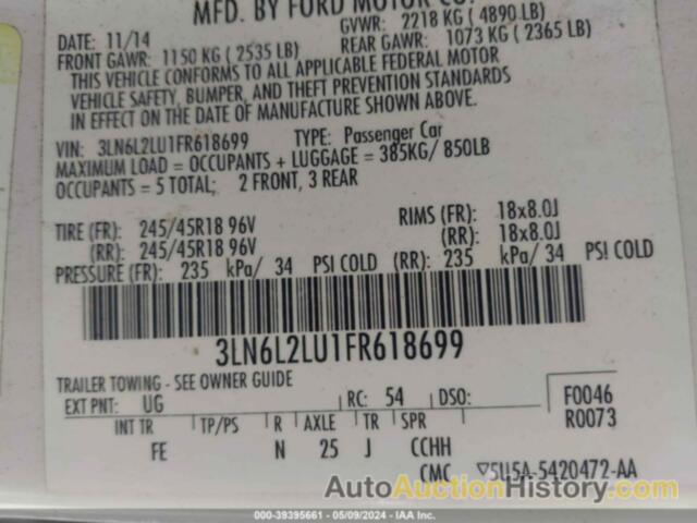 LINCOLN MKZ HYBRID, 3LN6L2LU1FR618699