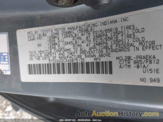 TOYOTA SIENNA LE, 5TDZA23CX4S075135