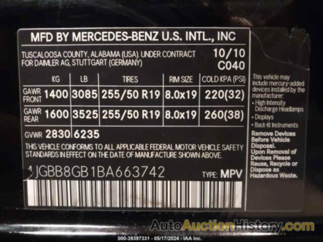 MERCEDES-BENZ ML 350 4MATIC, 4JGBB8GB1BA663742