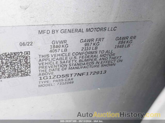 CHEVROLET MALIBU FWD LT, 1G1ZD5ST7NF172913