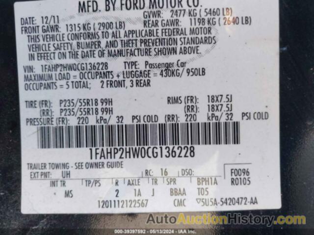 FORD TAURUS SEL, 1FAHP2HW0CG136228