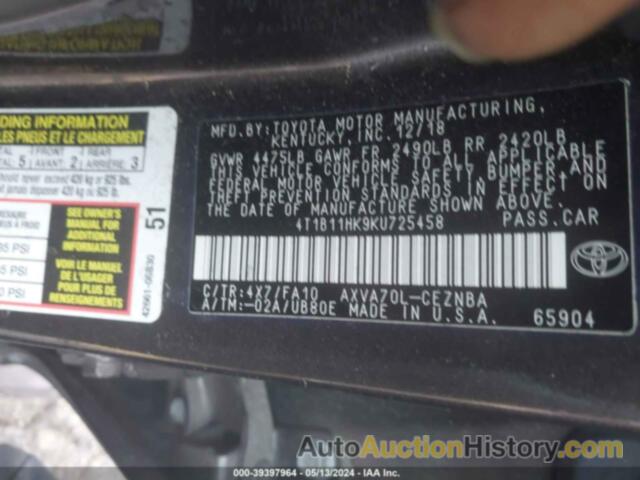 TOYOTA CAMRY L/LE/XLE/SE/XSE, 4T1B11HK9KU725458