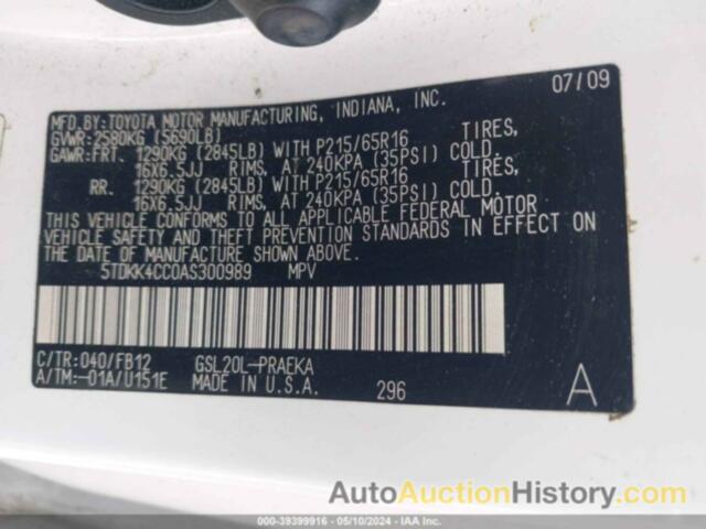 TOYOTA SIENNA CE/LE, 5TDKK4CC0AS300989