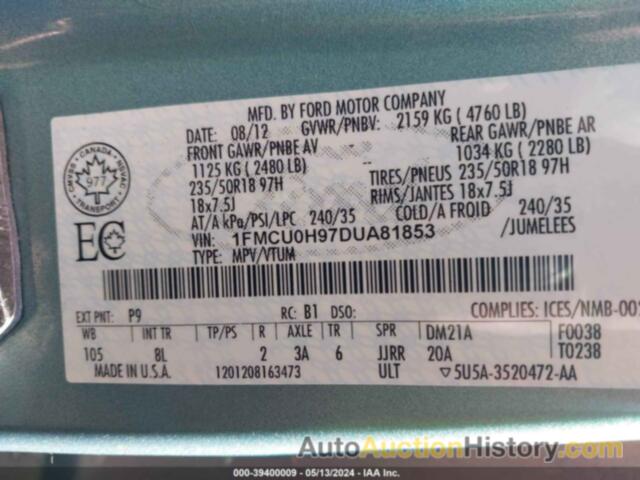 FORD ESCAPE SEL, 1FMCU0H97DUA81853