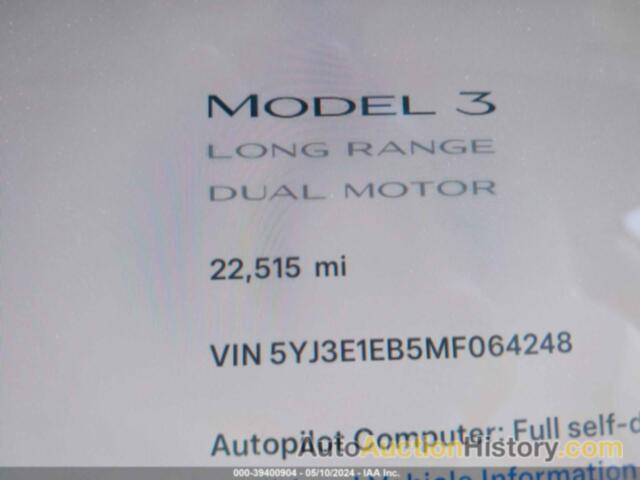 TESLA MODEL 3 LONG RANGE DUAL MOTOR ALL-WHEEL DRIVE, 5YJ3E1EB5MF064248