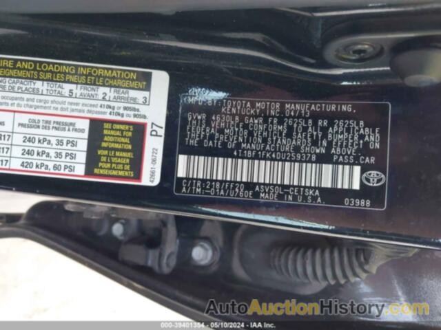 TOYOTA CAMRY L/SE/LE/XLE, 4T1BF1FK4DU259378