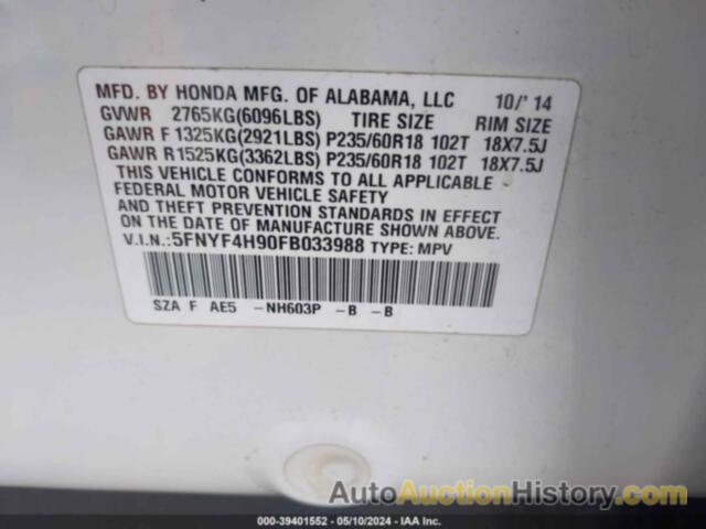 HONDA PILOT TOURING, 5FNYF4H90FB033988