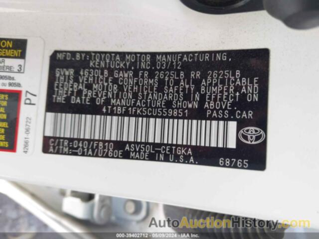 TOYOTA CAMRY XLE, 4T1BF1FK5CU559851