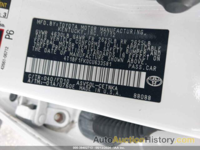 TOYOTA CAMRY SE/LE/XLE, 4T1BF1FK0CU633581
