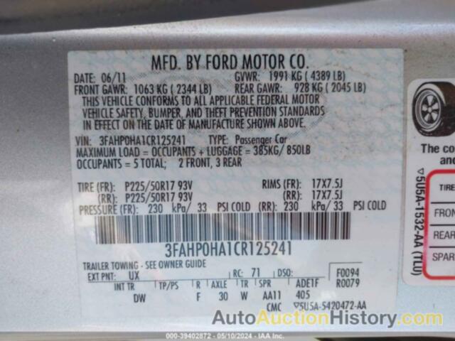 FORD FUSION SE, 3FAHP0HA1CR125241