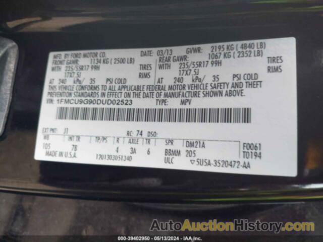 FORD ESCAPE SE, 1FMCU9G90DUD02523