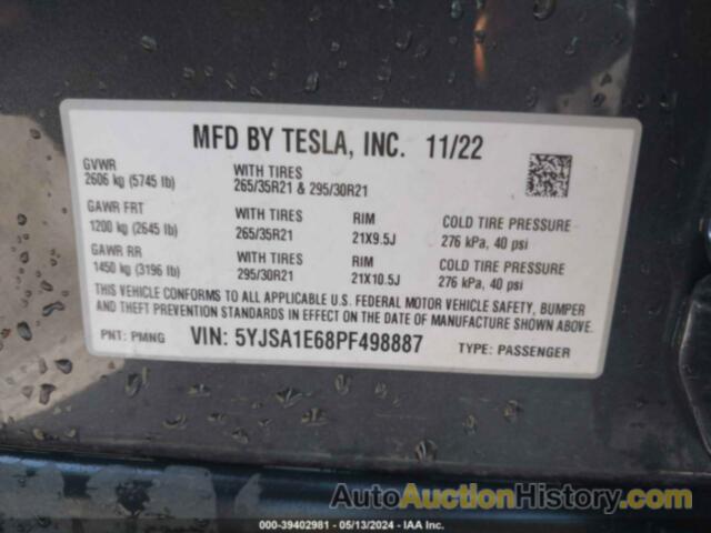 TESLA MODEL S PLAID TRI MOTOR ALL-WHEEL DRIVE, 5YJSA1E68PF498887