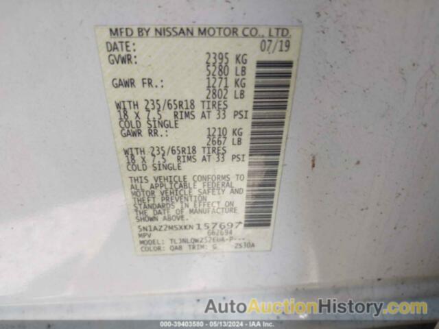 NISSAN MURANO S/SL/SV/PLATINUM, 5N1AZ2MSXKN157697