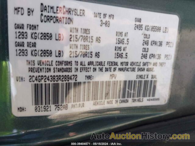 CHRYSLER TOWN & COUNTRY, 2C4GP24383R289472