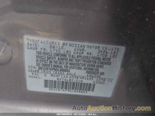 NISSAN VERSA S/S PLUS/SV/SL, 3N1CN7AP9GL808883