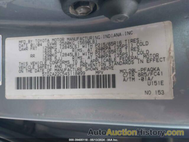 TOYOTA SIENNA XLE/XLE LIMITED, 5TDZA22C54S118099