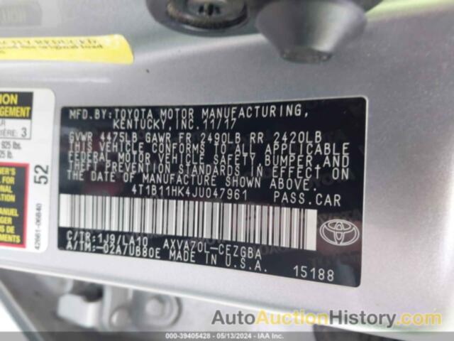 TOYOTA CAMRY XLE, 4T1B11HK4JU047961