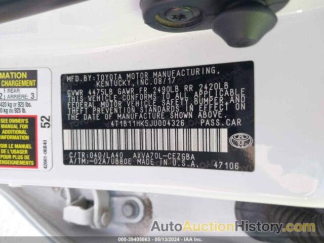 TOYOTA CAMRY L/LE/XLE/SE/XSE, 4T1B11HK5JU004326