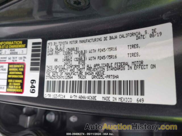 TOYOTA TACOMA DOUBLE CAB/SR5/TRD SPORT/, 3TMAZ5CN3KM112564